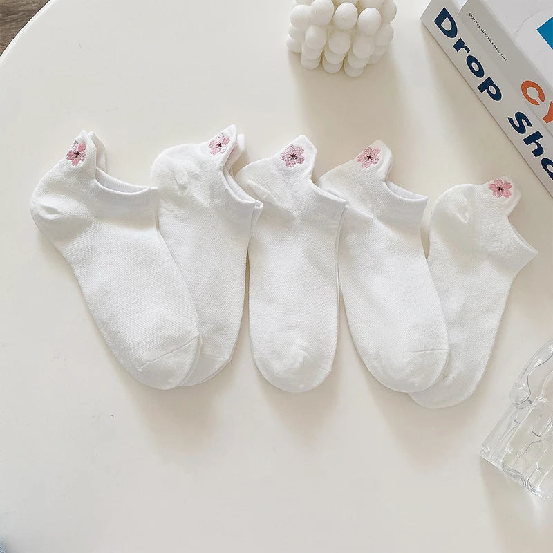 5 Pairs Women Short Socks Harajuku Cute Embroidery Cherry Blossom Sakura Casual Funny Kawaii Solid White Cotton Ankle Socks Sox