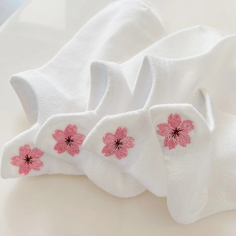 5 Pairs Women Short Socks Harajuku Cute Embroidery Cherry Blossom Sakura Casual Funny Kawaii Solid White Cotton Ankle Socks Sox