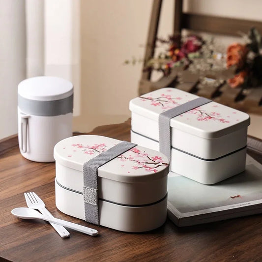 Japanese Cherry Blossom Lunch Box with Tableware Microwave Bento Boxes Soup Cup Portable Student Double-layer Lunch Food Box