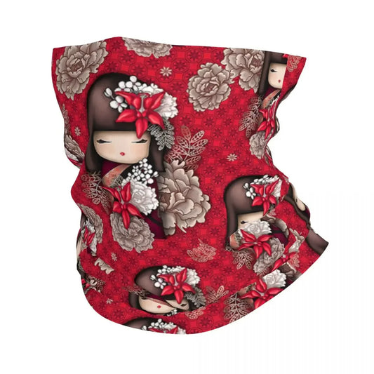 Custom Japanese Girl Sakura Kokeshi Doll Bandana Neck Gaiter for Hiking Camping Men Women Wrap Scarf Balaclava Warmer