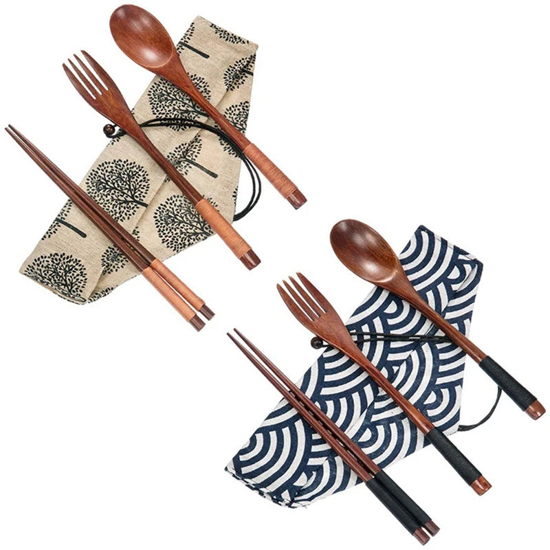2025 Trend 1X Wooden Lunch Boxs Food Containers Japanese Style Bento Lunchbox & 2 Set Wooden Flatware Tableware Cutlery Set