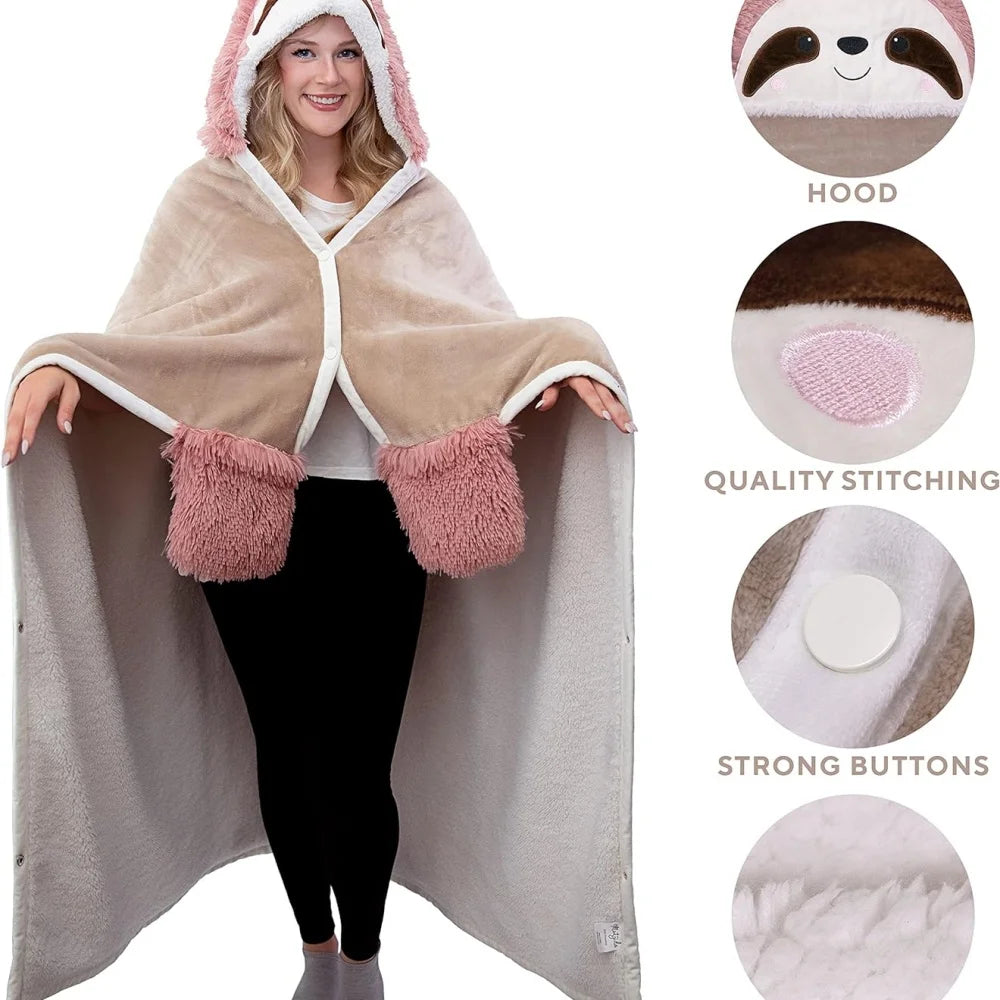Sloth Wearable Hooded Blanket For Adults Super Soft Shaggy Fuzzy Warm Cozy Furry Sherpa Hoodie Throw Cloak Wrap-Christmas Gift