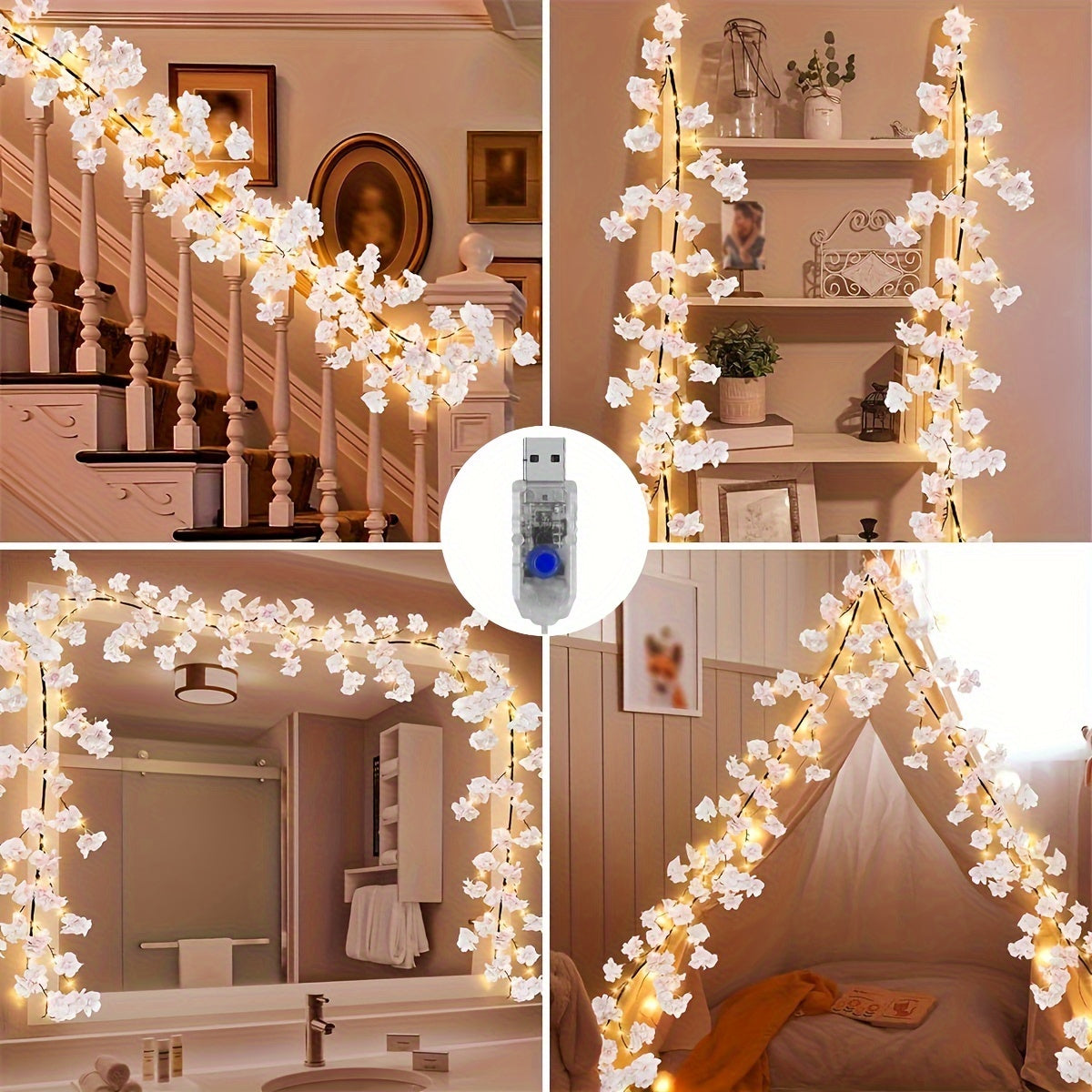 96LED Cherry Blossom Under-Cabinet Lights - USB Powered, 74.8inch Pink Sakura Fairy Lights for Home and Party Decoration, Plastic LED Strip with No Battery Required for Bedroom, Living Room Ambience