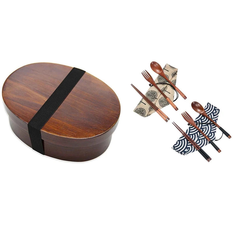 2025 Trend 1X Wooden Lunch Boxs Food Containers Japanese Style Bento Lunchbox & 2 Set Wooden Flatware Tableware Cutlery Set