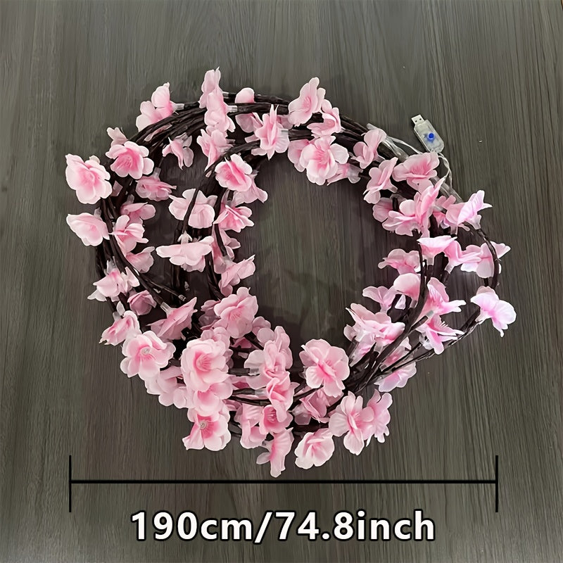 96LED Cherry Blossom Under-Cabinet Lights - USB Powered, 74.8inch Pink Sakura Fairy Lights for Home and Party Decoration, Plastic LED Strip with No Battery Required for Bedroom, Living Room Ambience