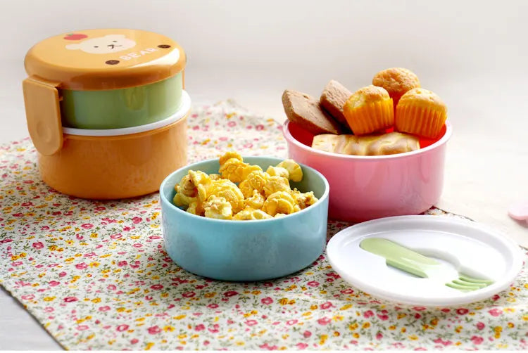 Cute Animal Lunch Box Japanese Double-layer Round Mini Bento Box Children's Fruit Box Snack Box Microwave Kids Lunch Box 540ml