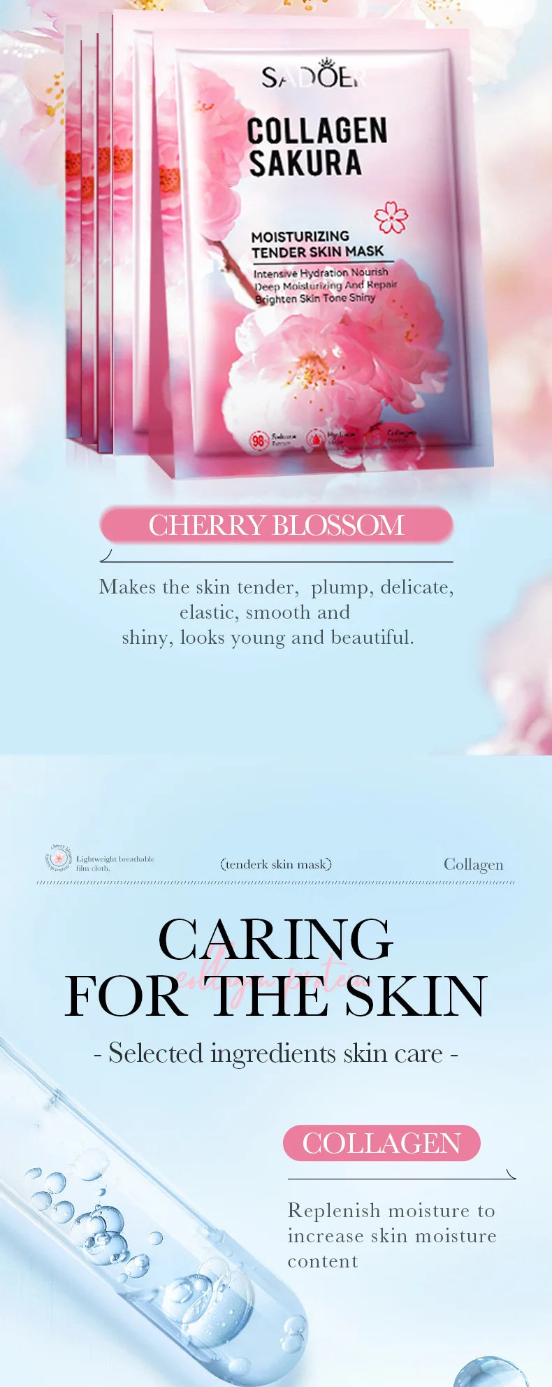 5pcs SADOER Sakura Face Mask Facial Skincare Moisturizing Brightening Hydrating Firming Collagen Facial Masks Face Sheet Mask