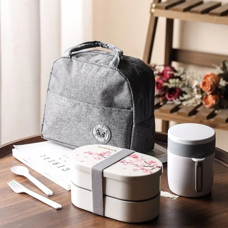 Japanese Cherry Blossom Lunch Box with Tableware Microwave Bento Boxes Soup Cup Portable Student Double-layer Lunch Food Box
