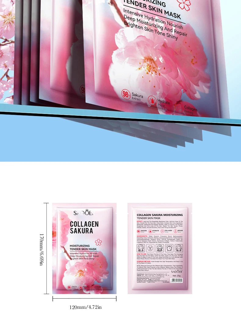 5pcs SADOER Sakura Face Mask Facial Skincare Moisturizing Brightening Hydrating Firming Collagen Facial Masks Face Sheet Mask