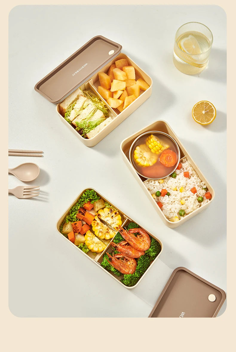 WORTHBUY Microwave Bento Box With Tableware Portable Double-layer Lunch Box Leak Proof Divided Food Containers For Student Adult