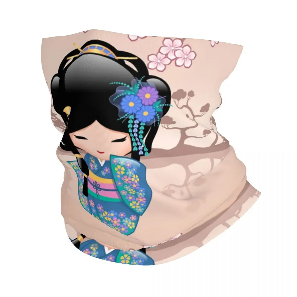 Custom Japanese Girl Sakura Kokeshi Doll Bandana Neck Gaiter for Hiking Camping Men Women Wrap Scarf Balaclava Warmer