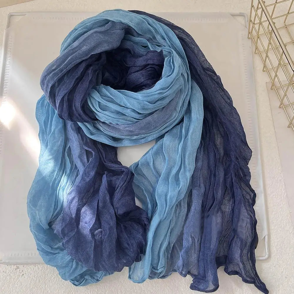 Scarf Cotton Hemp Gradient Blue Autumn Winter Retro Versatile Printed Women's Long Fold Shawl Soft New Fashionable Trend