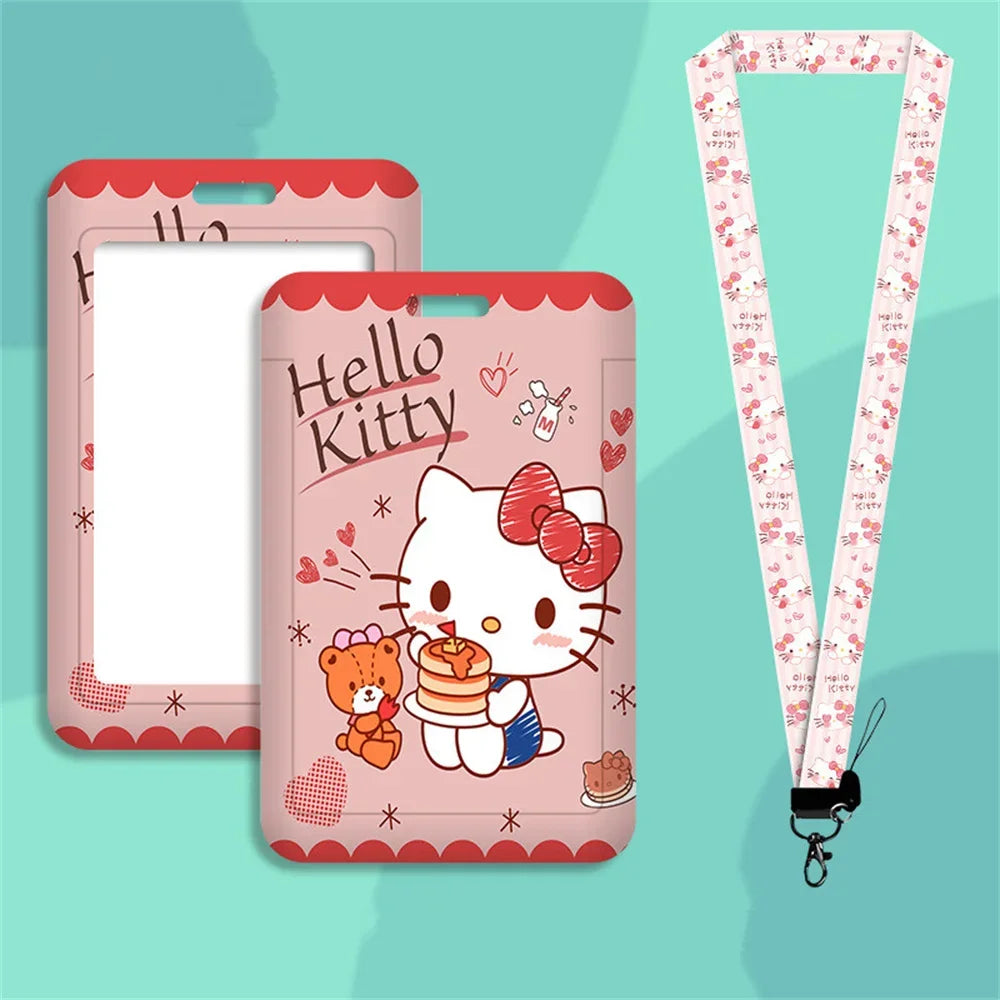 Cute Sanrio Hello Kitty Cartoon Cosplay Kt Cat Key Chain Pendant Work Bus Card Holder Plastic with Lanyard Student Gift Toys