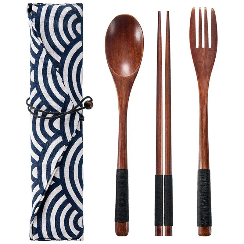 2025 Trend 1X Wooden Lunch Boxs Food Containers Japanese Style Bento Lunchbox & 2 Set Wooden Flatware Tableware Cutlery Set
