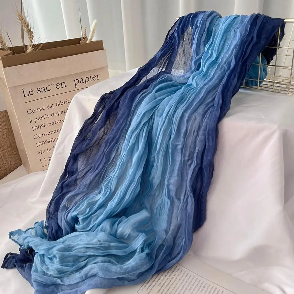 Scarf Cotton Hemp Gradient Blue Autumn Winter Retro Versatile Printed Women's Long Fold Shawl Soft New Fashionable Trend
