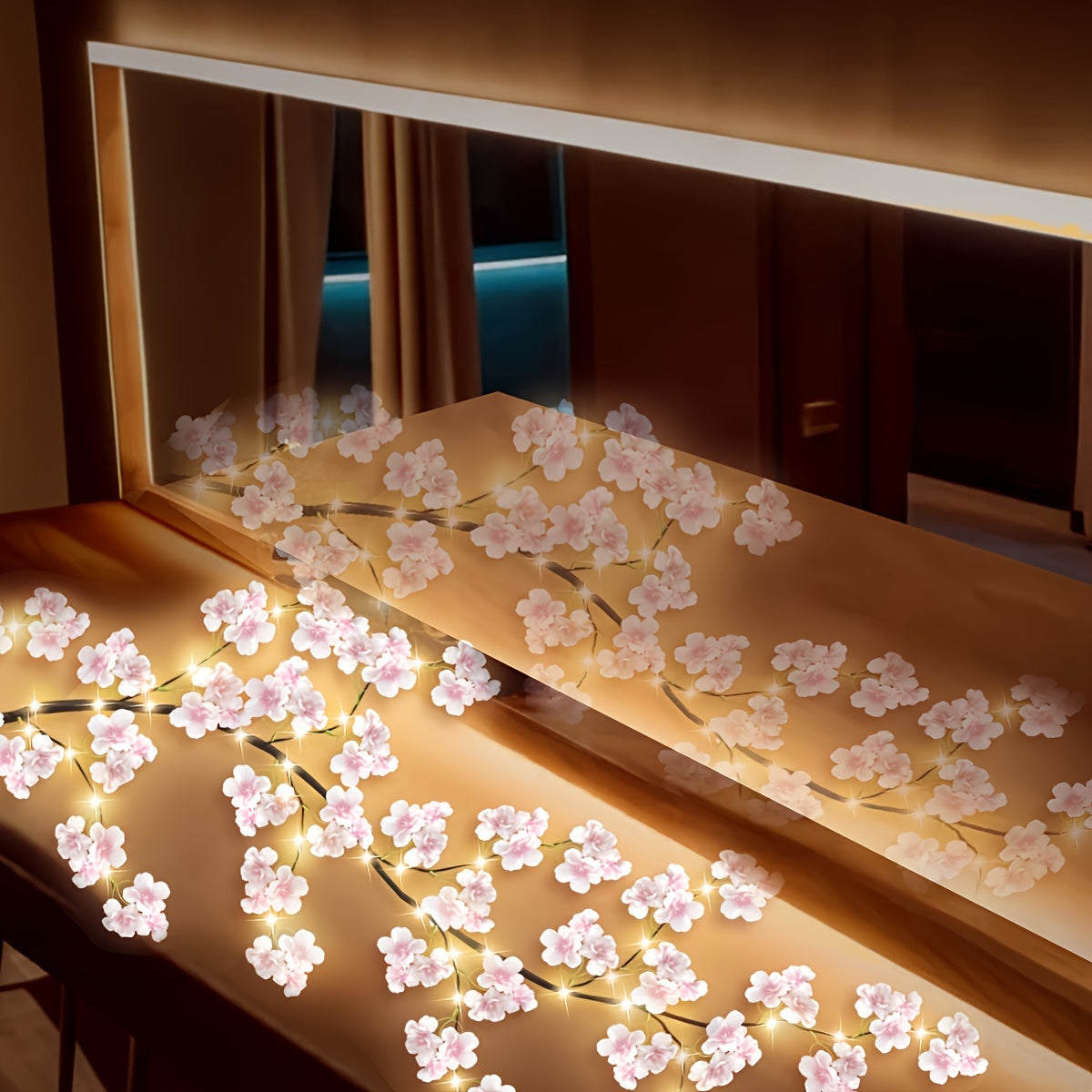 96LED Cherry Blossom Under-Cabinet Lights - USB Powered, 74.8inch Pink Sakura Fairy Lights for Home and Party Decoration, Plastic LED Strip with No Battery Required for Bedroom, Living Room Ambience
