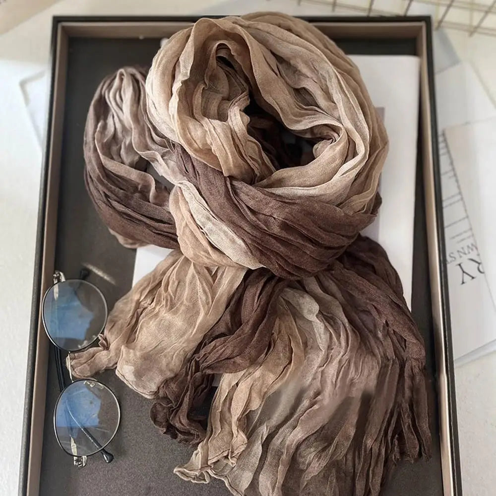Scarf Cotton Hemp Gradient Blue Autumn Winter Retro Versatile Printed Women's Long Fold Shawl Soft New Fashionable Trend