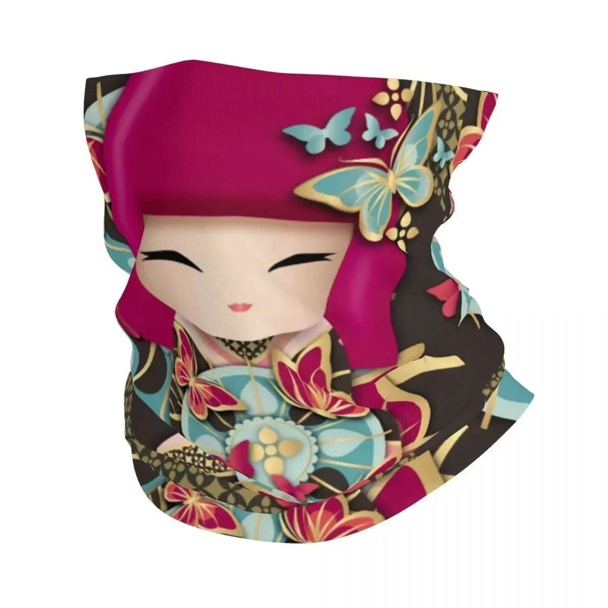 Custom Japanese Girl Sakura Kokeshi Doll Bandana Neck Gaiter for Hiking Camping Men Women Wrap Scarf Balaclava Warmer