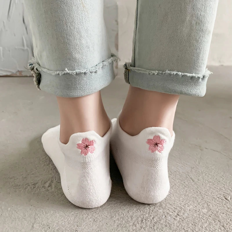 5 Pairs Women Short Socks Harajuku Cute Embroidery Cherry Blossom Sakura Casual Funny Kawaii Solid White Cotton Ankle Socks Sox