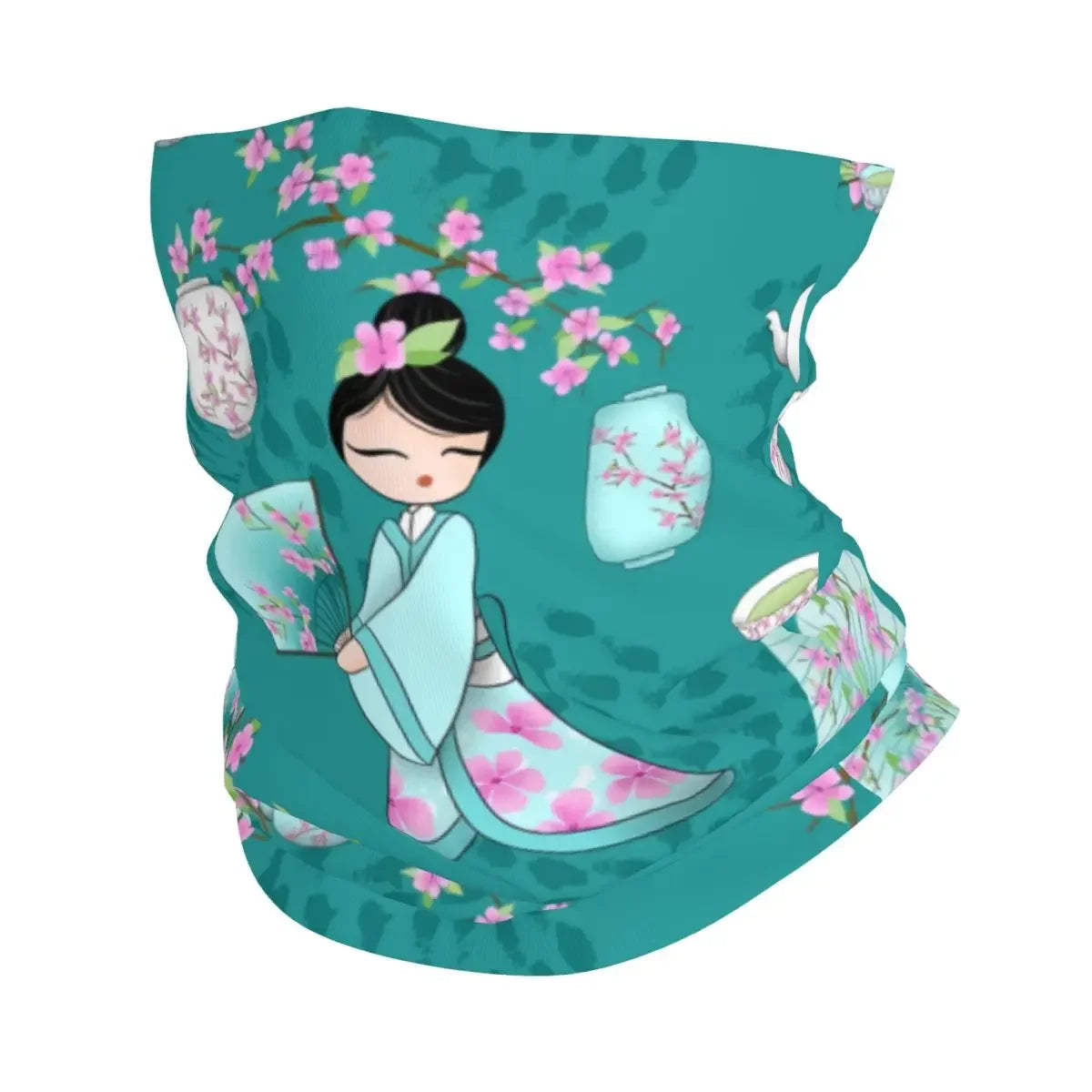 Custom Japanese Girl Sakura Kokeshi Doll Bandana Neck Gaiter for Hiking Camping Men Women Wrap Scarf Balaclava Warmer