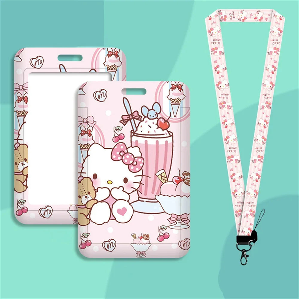 Cute Sanrio Hello Kitty Cartoon Cosplay Kt Cat Key Chain Pendant Work Bus Card Holder Plastic with Lanyard Student Gift Toys