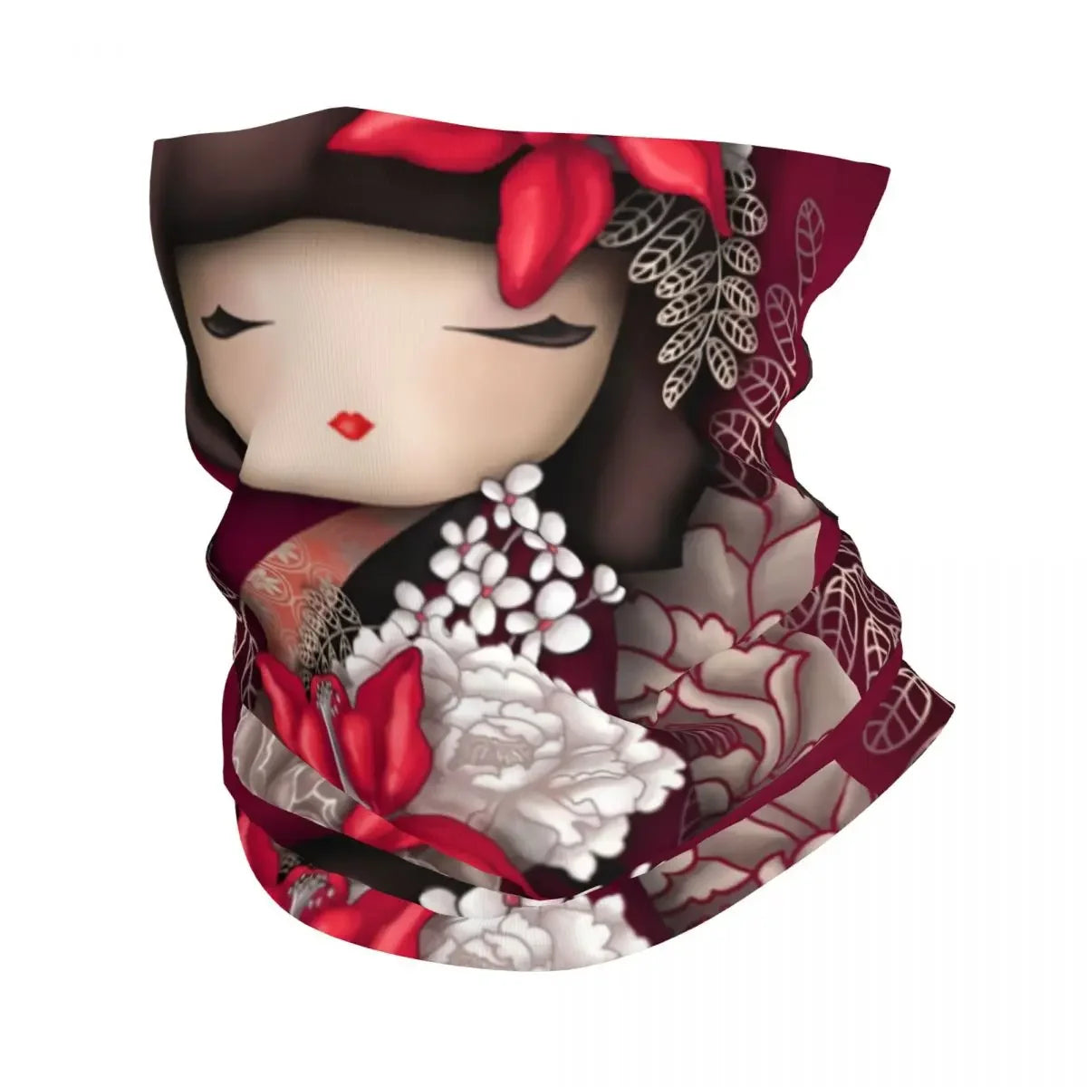 Custom Japanese Girl Sakura Kokeshi Doll Bandana Neck Gaiter for Hiking Camping Men Women Wrap Scarf Balaclava Warmer
