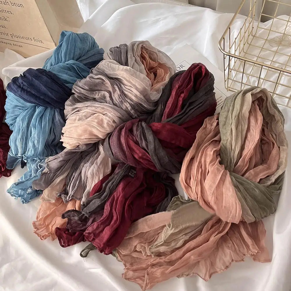 Scarf Cotton Hemp Gradient Blue Autumn Winter Retro Versatile Printed Women's Long Fold Shawl Soft New Fashionable Trend