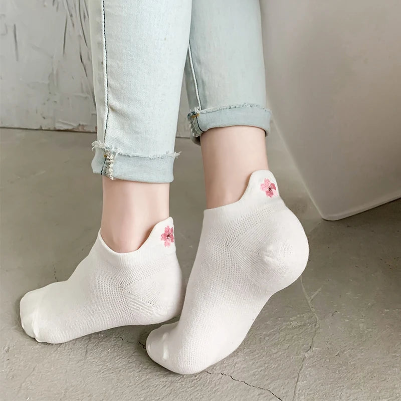 5 Pairs Women Short Socks Harajuku Cute Embroidery Cherry Blossom Sakura Casual Funny Kawaii Solid White Cotton Ankle Socks Sox