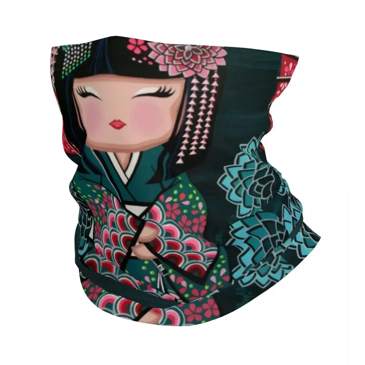 Custom Japanese Girl Sakura Kokeshi Doll Bandana Neck Gaiter for Hiking Camping Men Women Wrap Scarf Balaclava Warmer