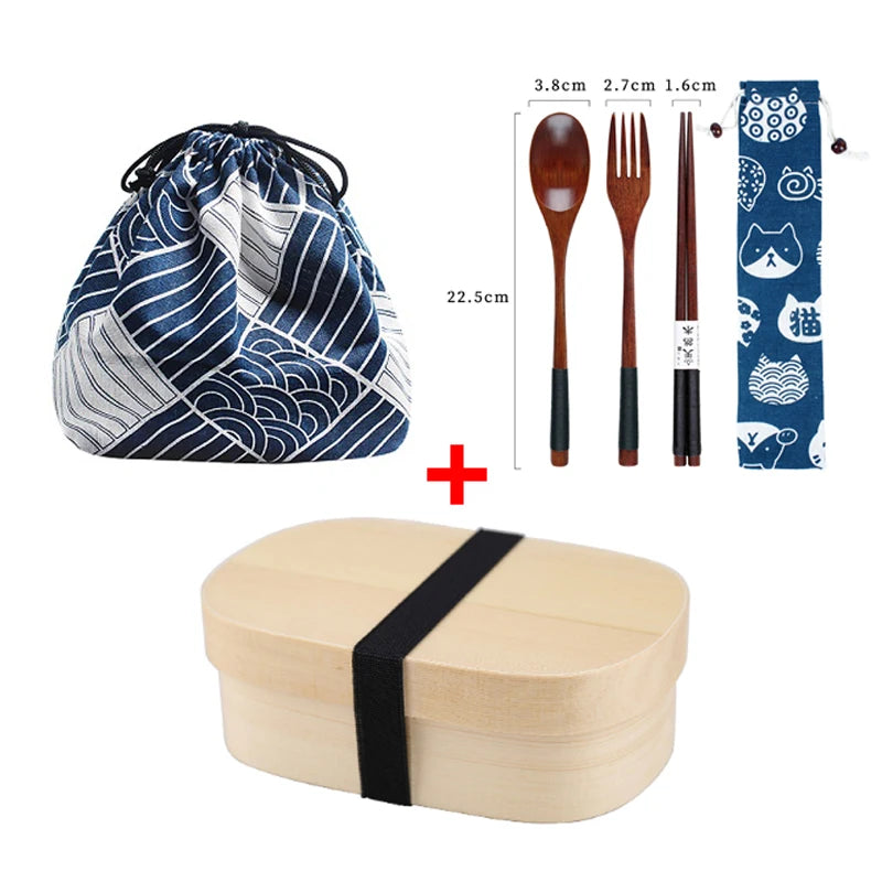 Wooden Lunch Box Set Japanese Bento Boxes Picnic Dinnerware Kit for School Food Container Sushi Case with Tableware Lunchbox