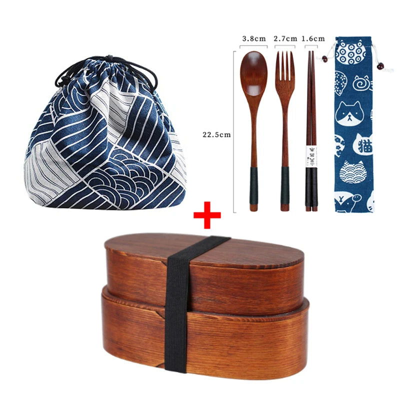 Wooden Lunch Box Set Japanese Bento Boxes Picnic Dinnerware Kit for School Food Container Sushi Case with Tableware Lunchbox