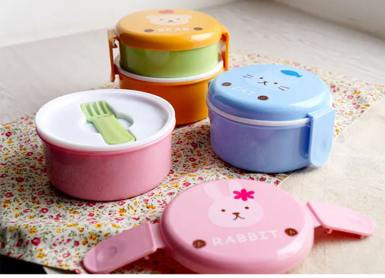 Cute Animal Lunch Box Japanese Double-layer Round Mini Bento Box Children's Fruit Box Snack Box Microwave Kids Lunch Box 540ml