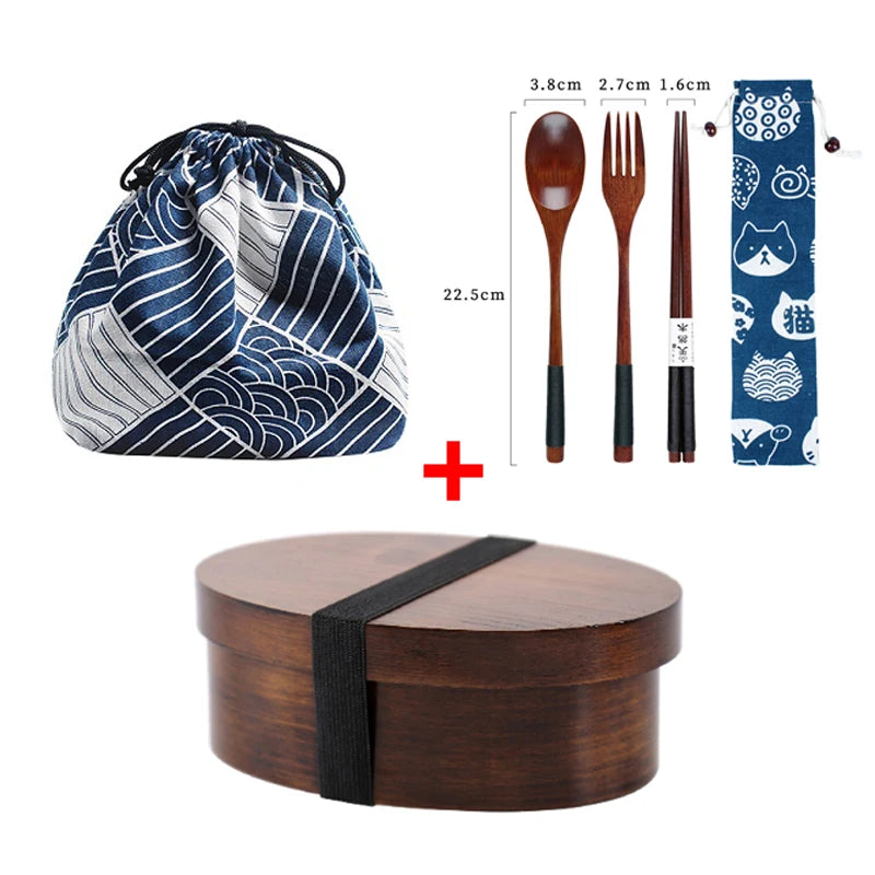 Wooden Lunch Box Set Japanese Bento Boxes Picnic Dinnerware Kit for School Food Container Sushi Case with Tableware Lunchbox