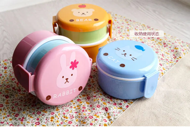Cute Animal Lunch Box Japanese Double-layer Round Mini Bento Box Children's Fruit Box Snack Box Microwave Kids Lunch Box 540ml