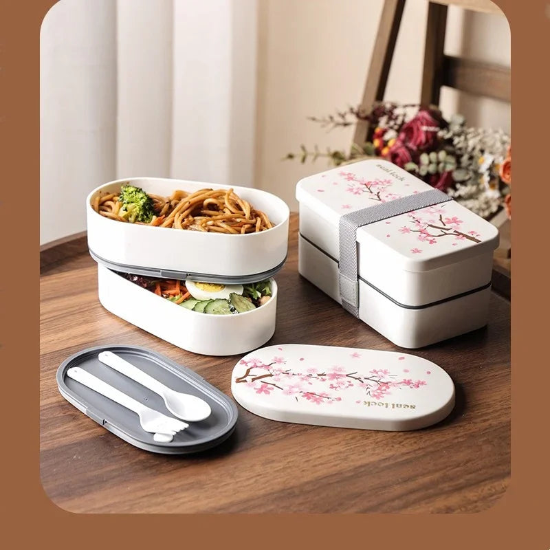 Japanese Cherry Blossom Lunch Box with Tableware Microwave Bento Boxes Soup Cup Portable Student Double-layer Lunch Food Box