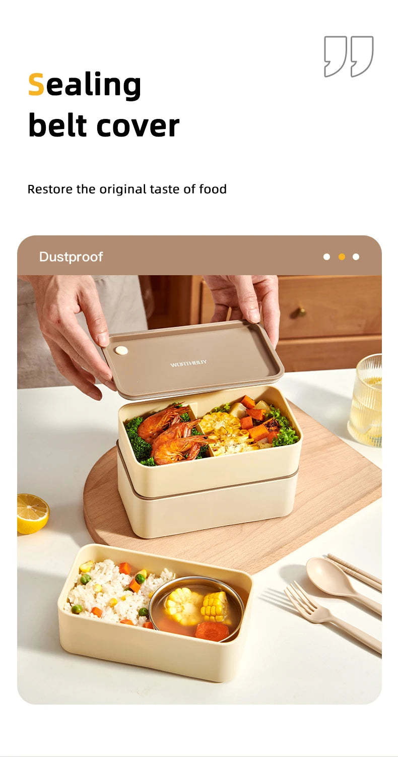 WORTHBUY Microwave Bento Box With Tableware Portable Double-layer Lunch Box Leak Proof Divided Food Containers For Student Adult