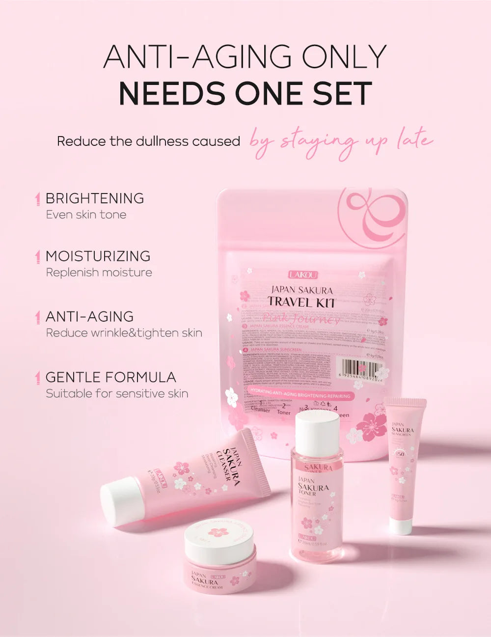 LAIKOU Sakura Skin Care Sets Facial Cleanser Face Cream Serum Toner Moisturizing Brightening Firming Hydrating Face Care Kit