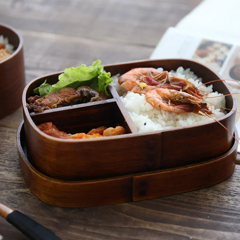 Wooden Lunch Box Picnic Japanese Bento Box for School Kids Dinnerware Set Round Square Lunch Box