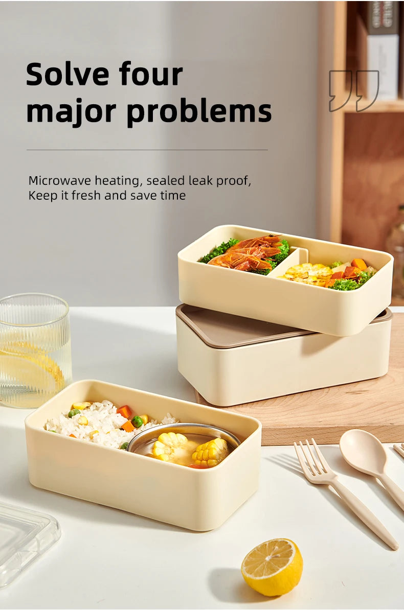 WORTHBUY Microwave Bento Box With Tableware Portable Double-layer Lunch Box Leak Proof Divided Food Containers For Student Adult