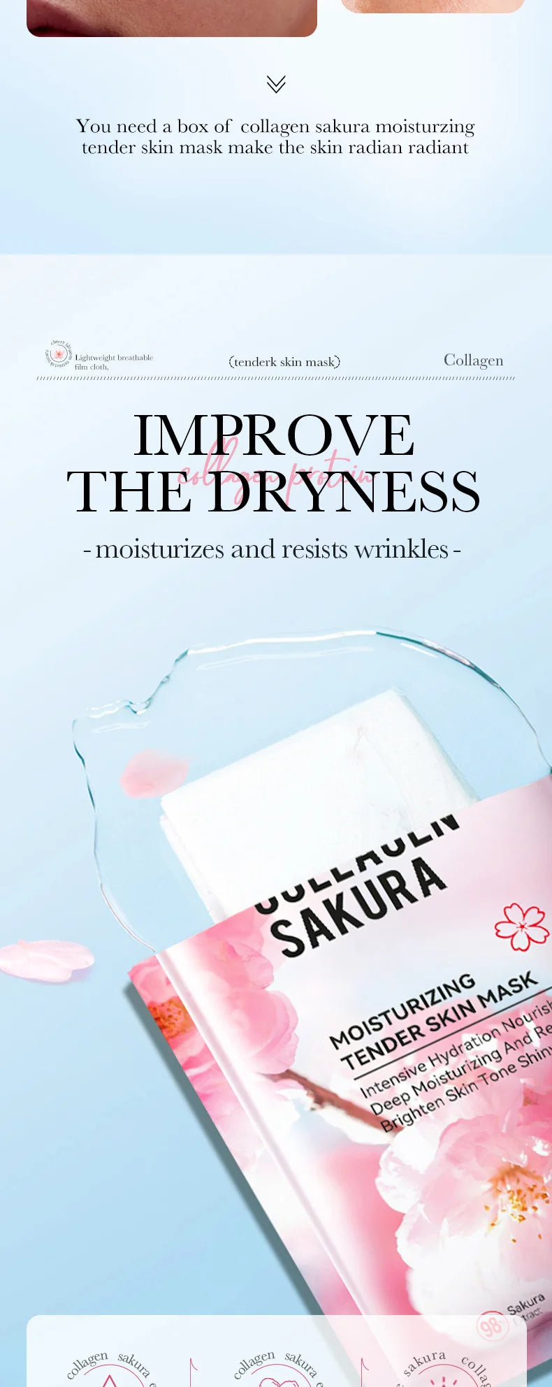 5pcs SADOER Sakura Face Mask Facial Skincare Moisturizing Brightening Hydrating Firming Collagen Facial Masks Face Sheet Mask