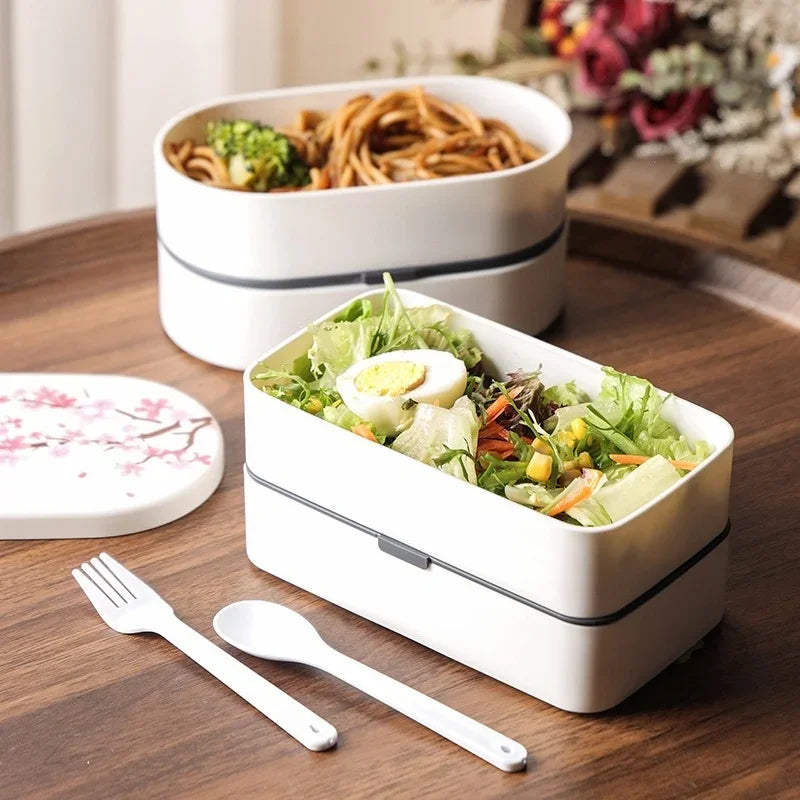 Japanese Cherry Blossom Lunch Box with Tableware Microwave Bento Boxes Soup Cup Portable Student Double-layer Lunch Food Box