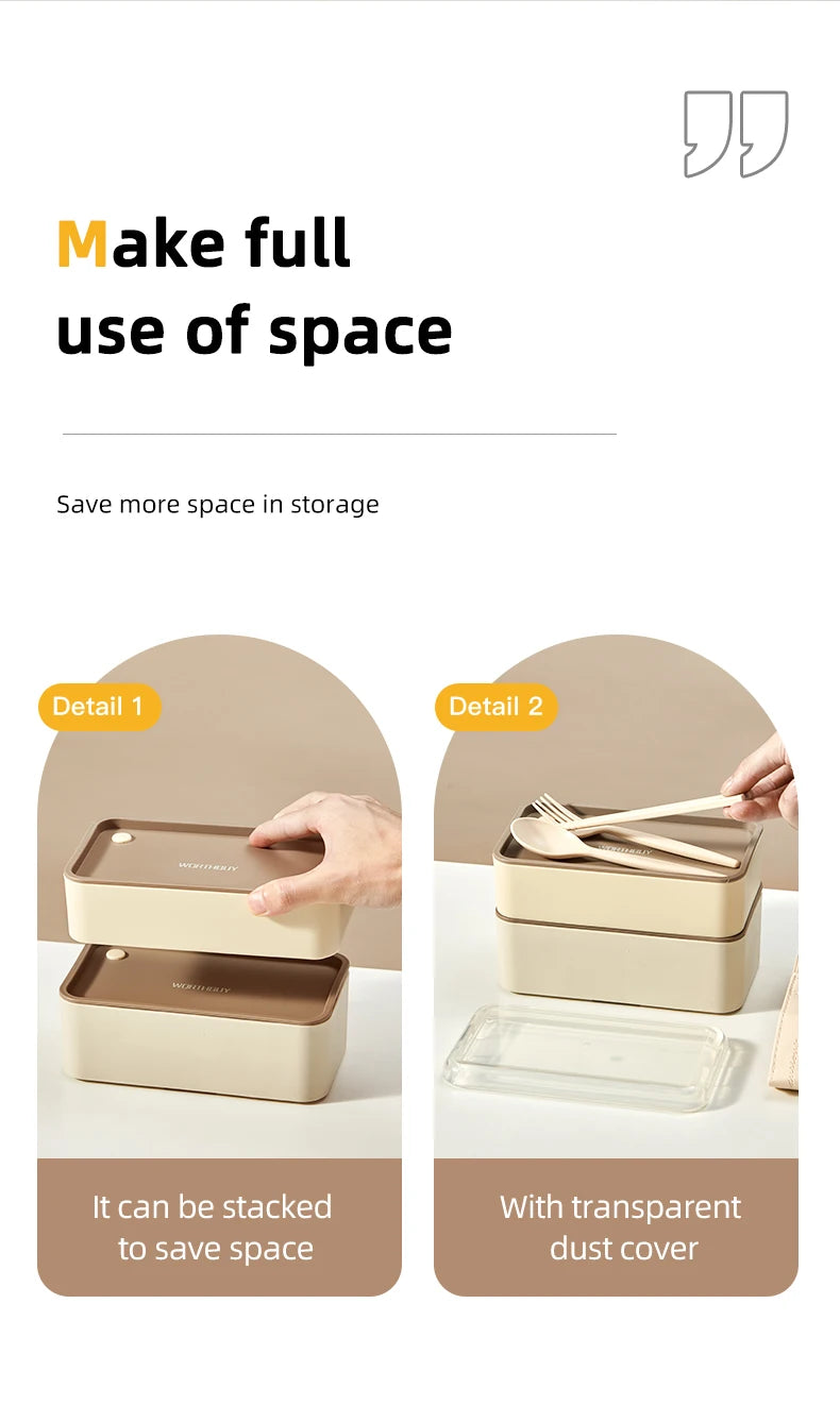 WORTHBUY Microwave Bento Box With Tableware Portable Double-layer Lunch Box Leak Proof Divided Food Containers For Student Adult