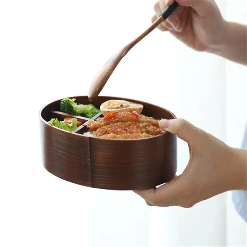 Useful Wooden Lunch Box Picnic Japanese Bento Box for School Kids Dinnerware Set Round Square Lunch Box