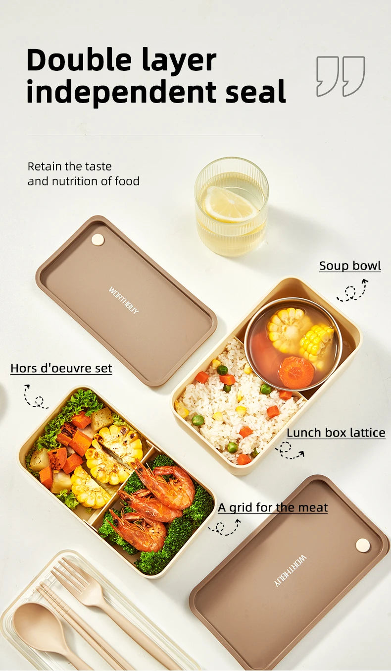 WORTHBUY Microwave Bento Box With Tableware Portable Double-layer Lunch Box Leak Proof Divided Food Containers For Student Adult