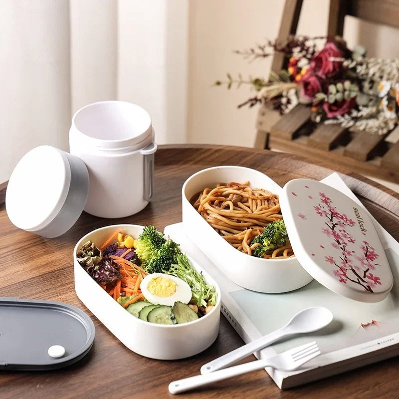 Japanese Cherry Blossom Lunch Box with Tableware Microwave Bento Boxes Soup Cup Portable Student Double-layer Lunch Food Box