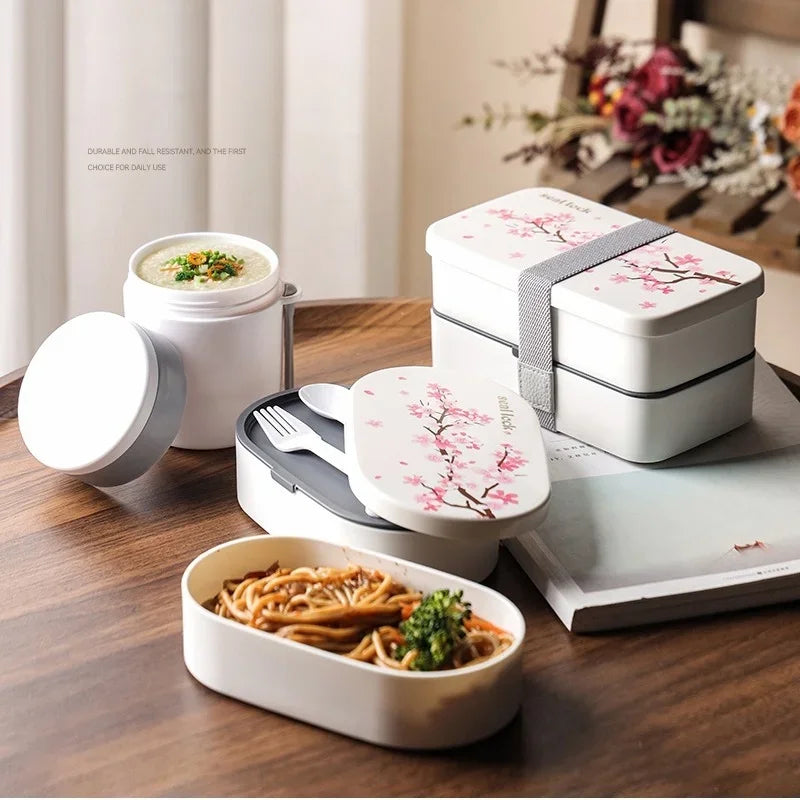 Japanese Cherry Blossom Lunch Box with Tableware Microwave Bento Boxes Soup Cup Portable Student Double-layer Lunch Food Box