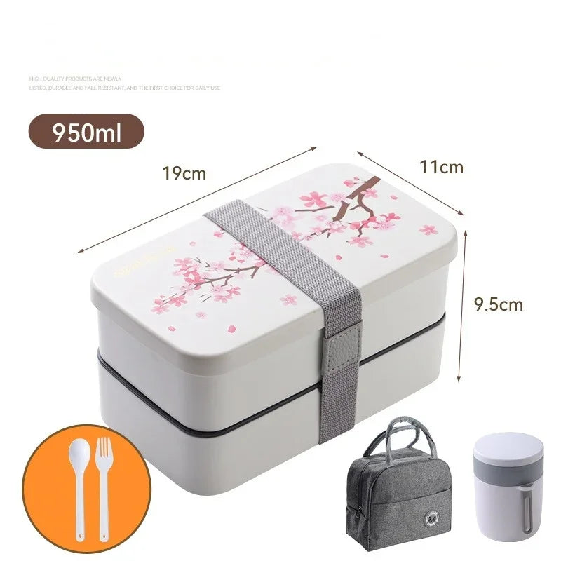 Japanese Cherry Blossom Lunch Box with Tableware Microwave Bento Boxes Soup Cup Portable Student Double-layer Lunch Food Box
