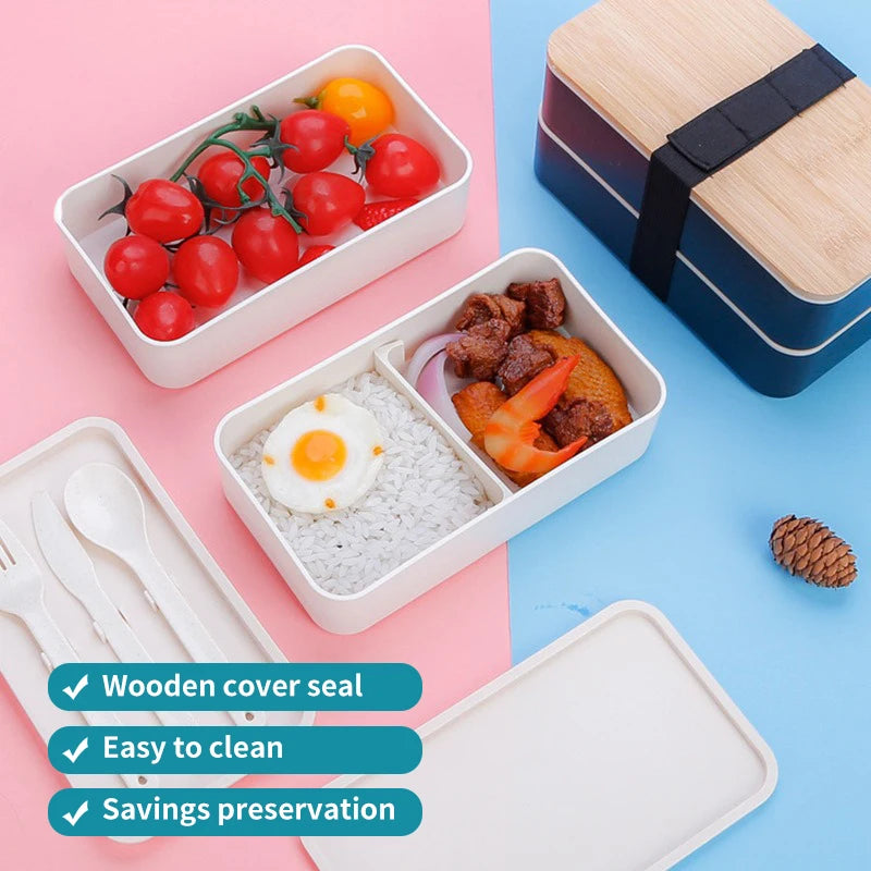 New Japanese Style Bento Box, Minimalist Double-layer Lunch Box with Knife, Fork, Spoon, Divided Student Lunch Box
