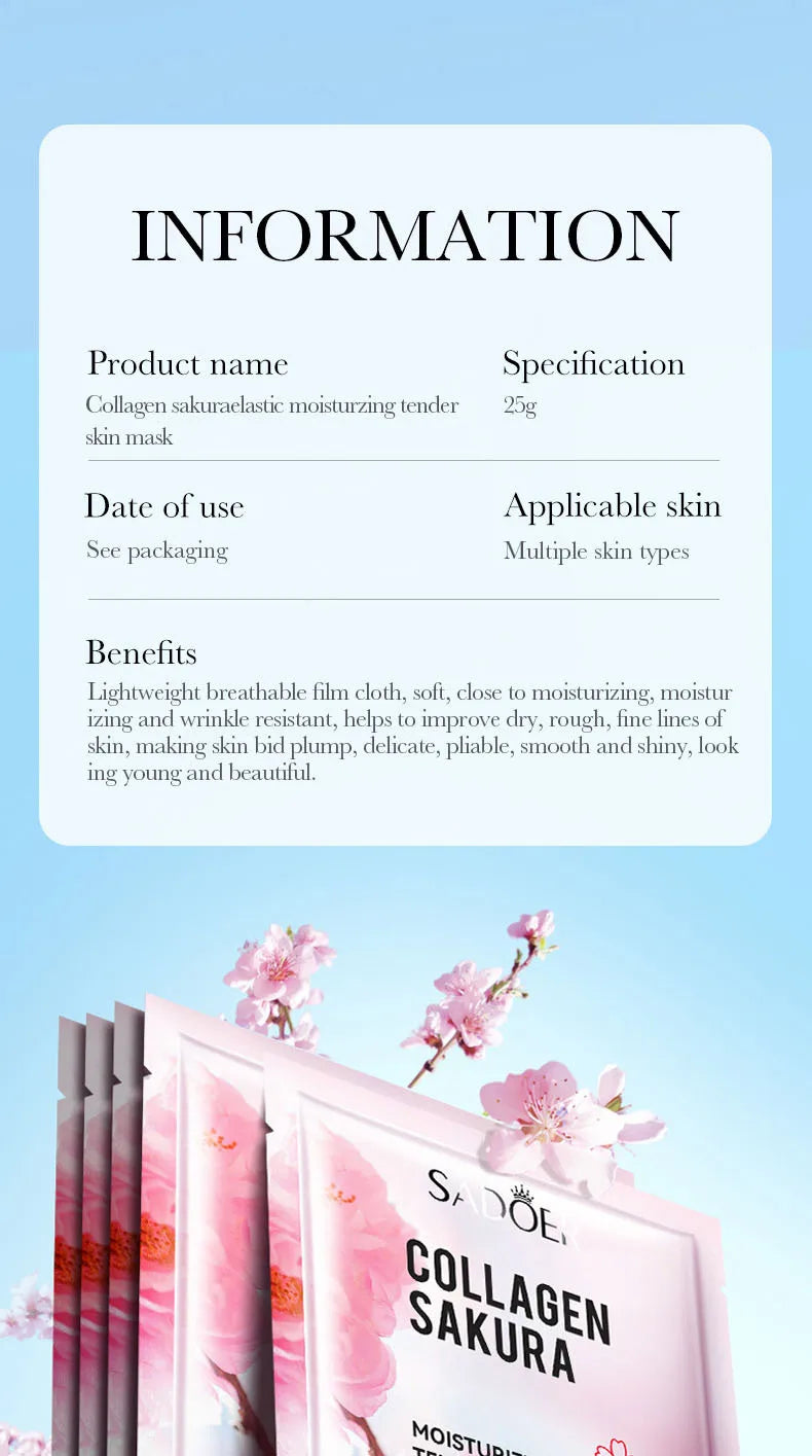 5pcs SADOER Sakura Face Mask Facial Skincare Moisturizing Brightening Hydrating Firming Collagen Facial Masks Face Sheet Mask