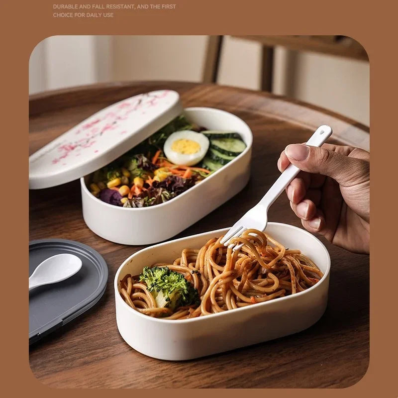 Japanese Cherry Blossom Lunch Box with Tableware Microwave Bento Boxes Soup Cup Portable Student Double-layer Lunch Food Box